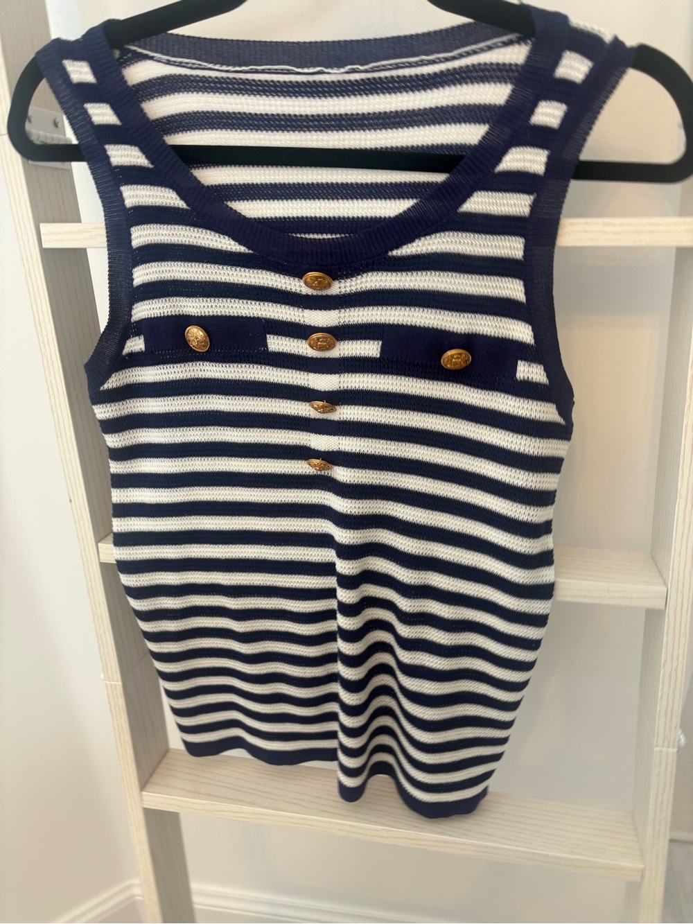 Navy & White Striped Knit Tank with Gold Buttons